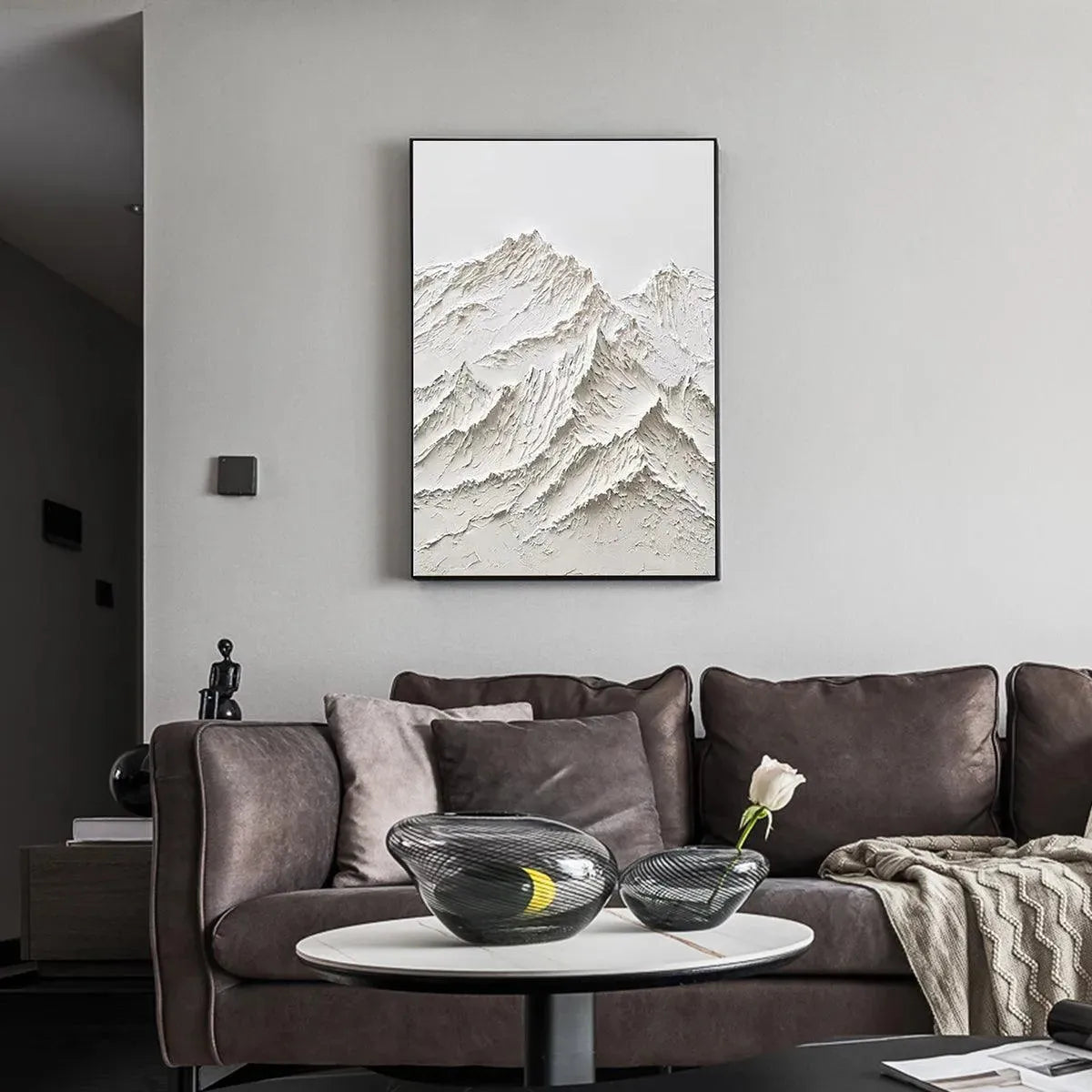White Mountain hand-painted white and soft beige textured mountain landscape painting shown as stretched canvas