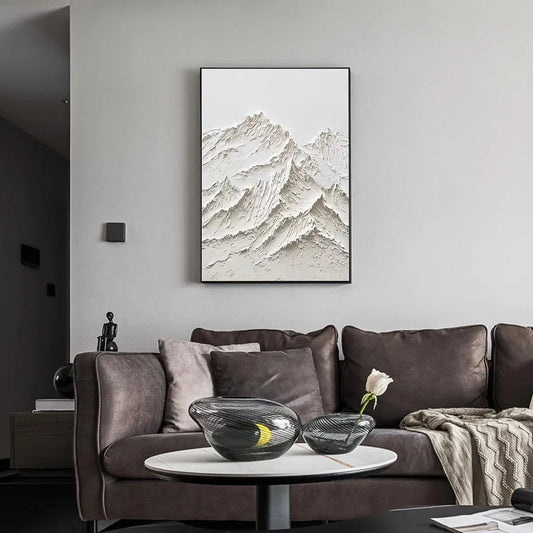 White Mountain hand-painted white and soft beige textured mountain landscape painting shown as stretched canvas