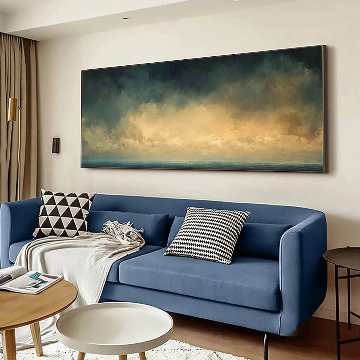 Golden Clouds hand-painted gold and ivory textured seascape painting shown with silver frame