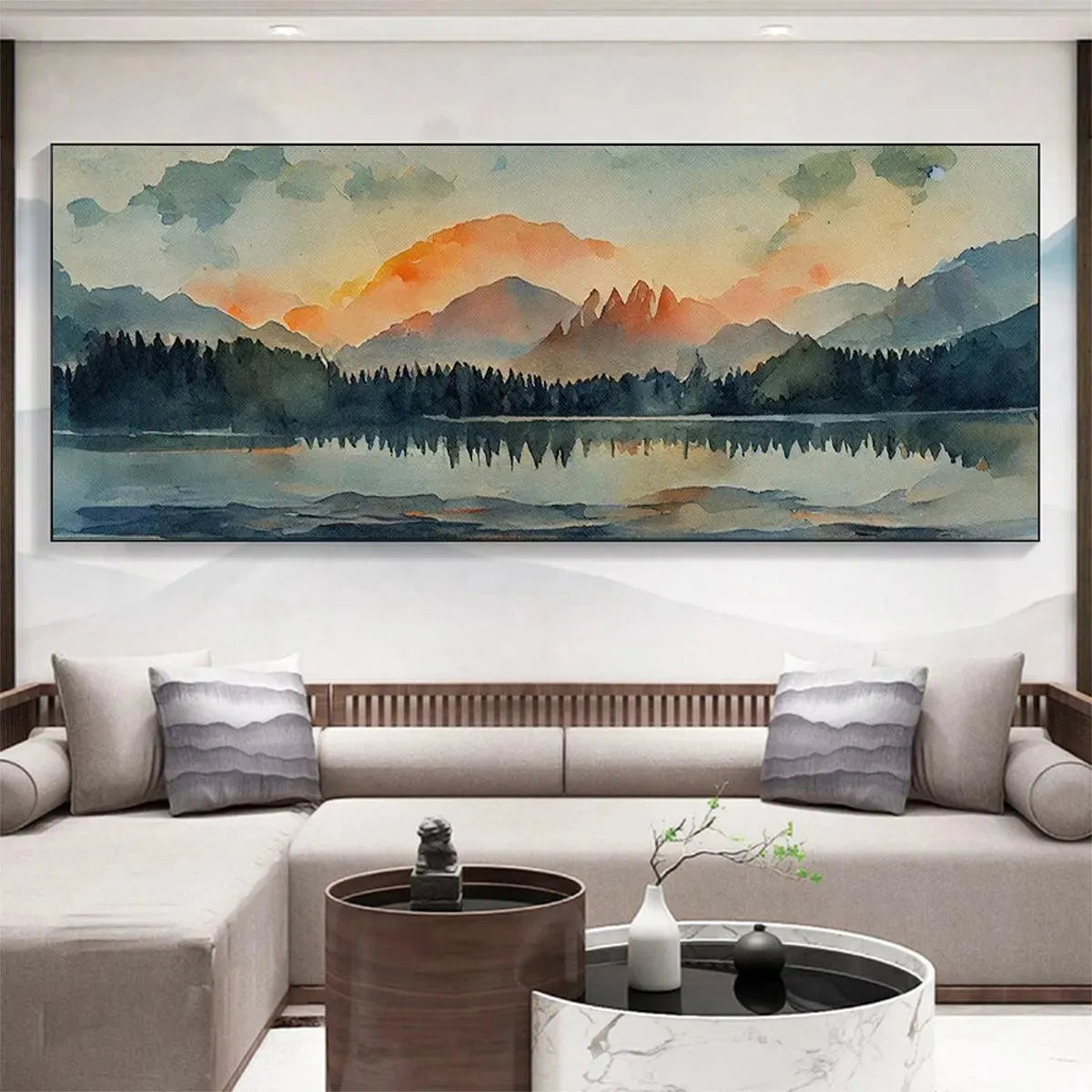 Sunset Serenity hand-painted gold, burnt orange and slate blue textured mountain lake painting shown with black frame