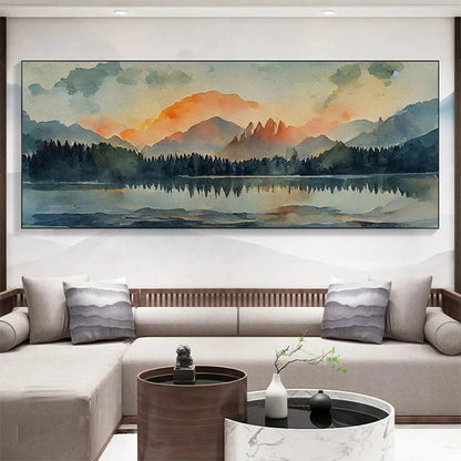 Sunset Serenity hand-painted gold, burnt orange and slate blue textured mountain lake painting shown with black frame