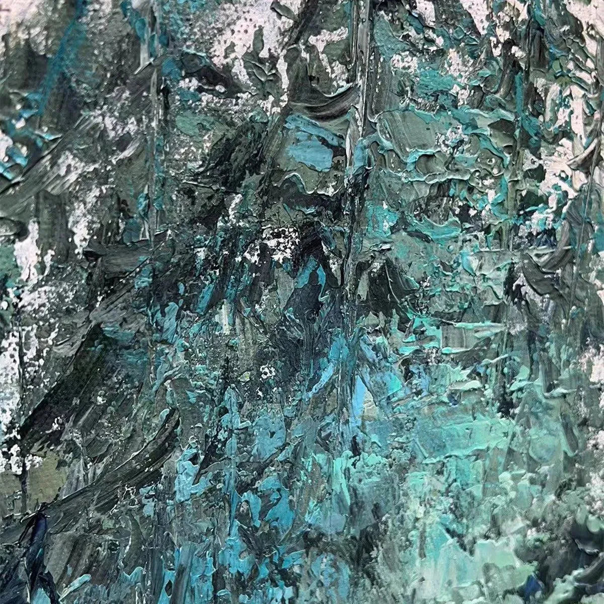 Misty Pines hand-painted green and pink textured forest landscape painting shown with silver frame
