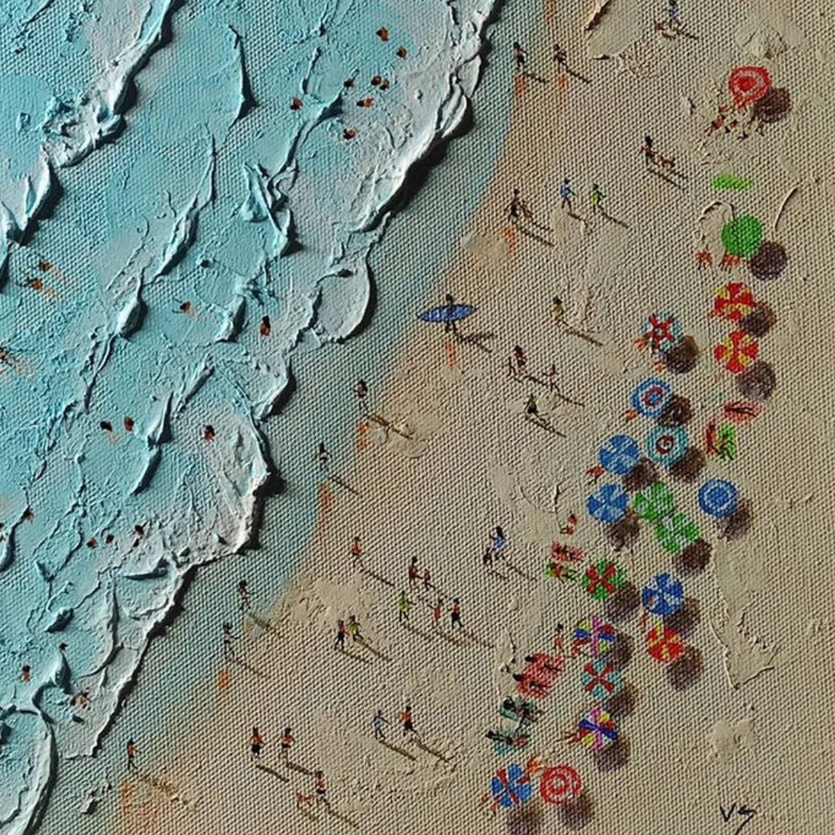 Aerial Vista hand-painted turquoise and ivory textured beach scene painting shown with gold frame