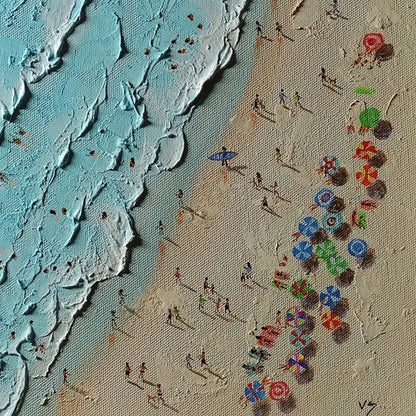 Aerial Vista hand-painted turquoise and ivory textured beach scene painting shown with gold frame