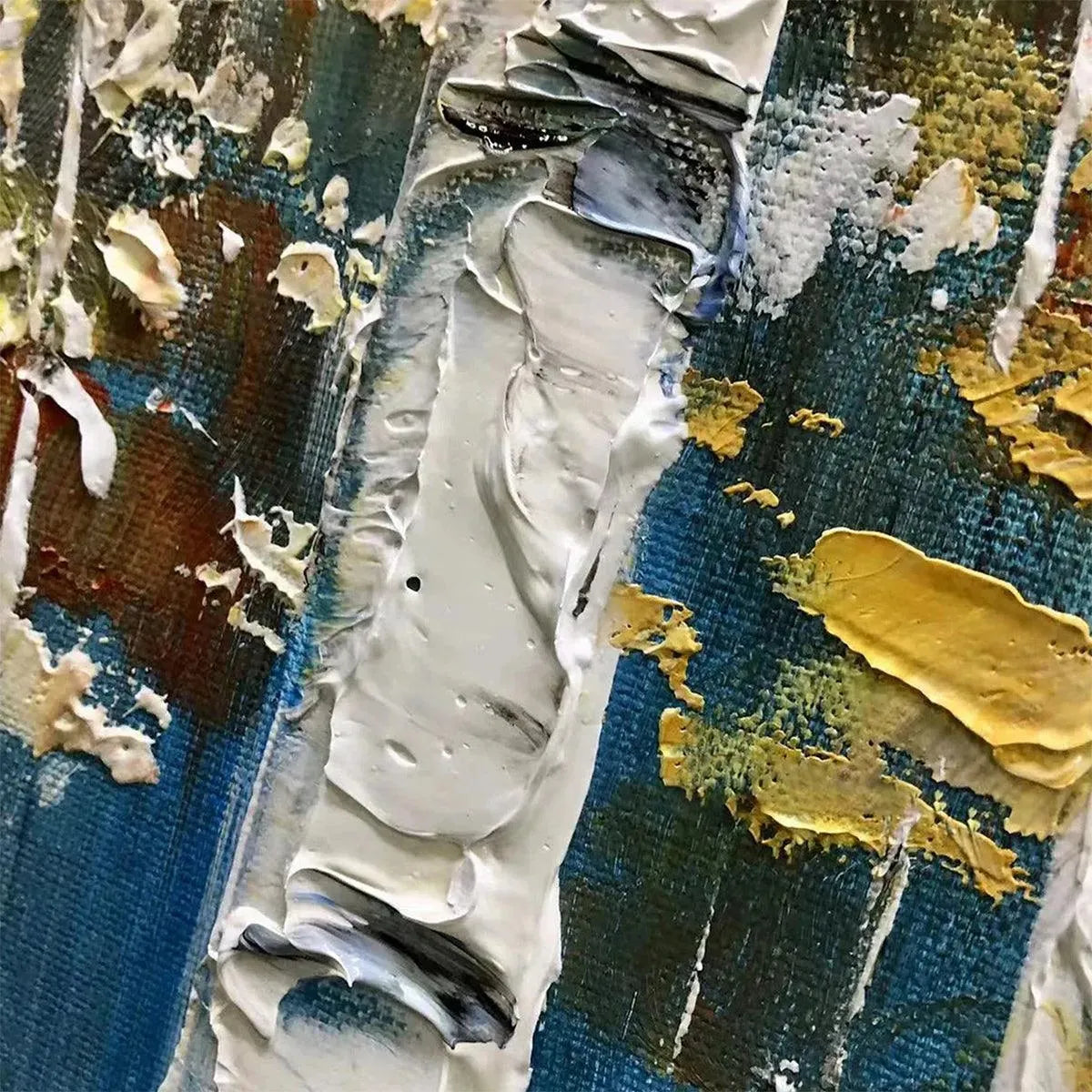 Golden Birch Grove hand-painted white, gold and yellow textured forest landscape painting shown with wood frame