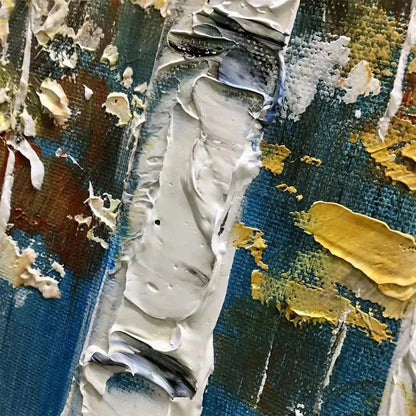 Golden Birch Grove hand-painted white, gold and yellow textured forest landscape painting shown with wood frame