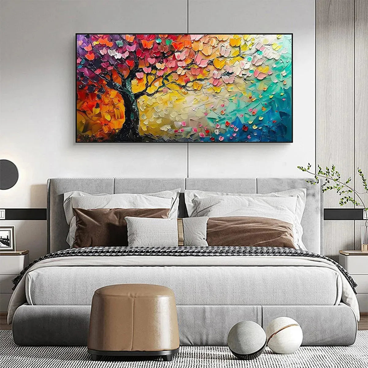 Whispers of Autumn hand-painted crimson, golden yellow, turquoise and violet textured tree painting shown as stretched canvas