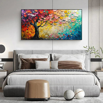 Whispers of Autumn hand-painted crimson, golden yellow, turquoise and violet textured tree painting shown as stretched canvas