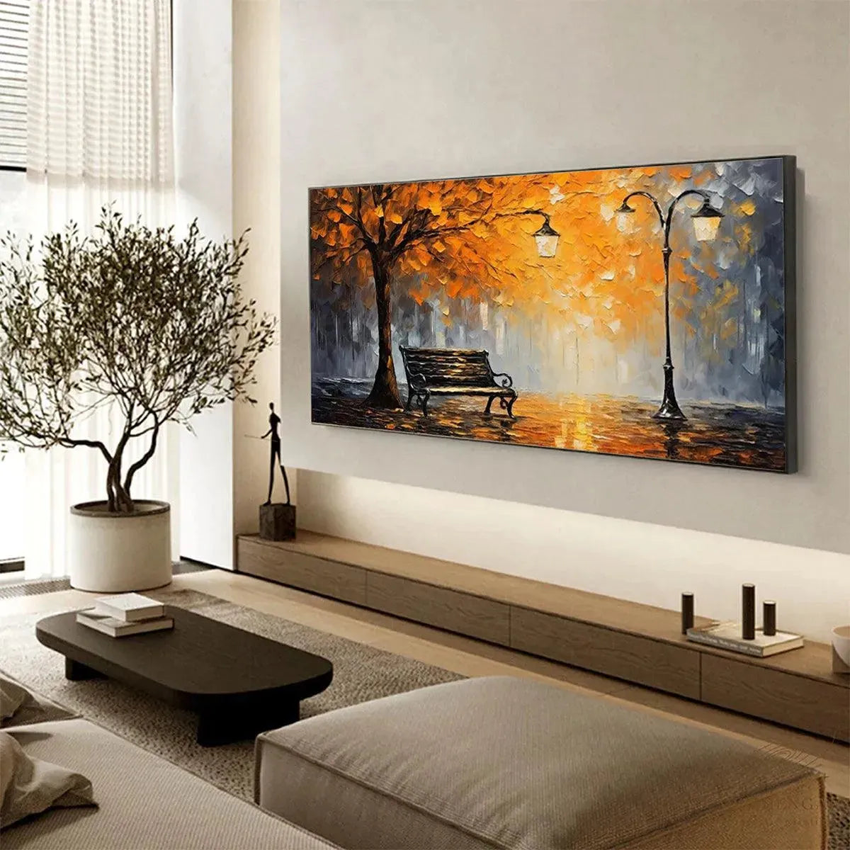 Autumn Park Bench hand-painted soft grey, gold and orange textured park landscape painting shown with wood frame