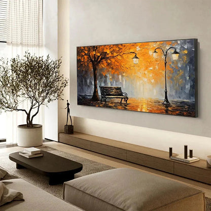 Autumn Park Bench hand-painted soft grey, gold and orange textured park landscape painting shown with wood frame