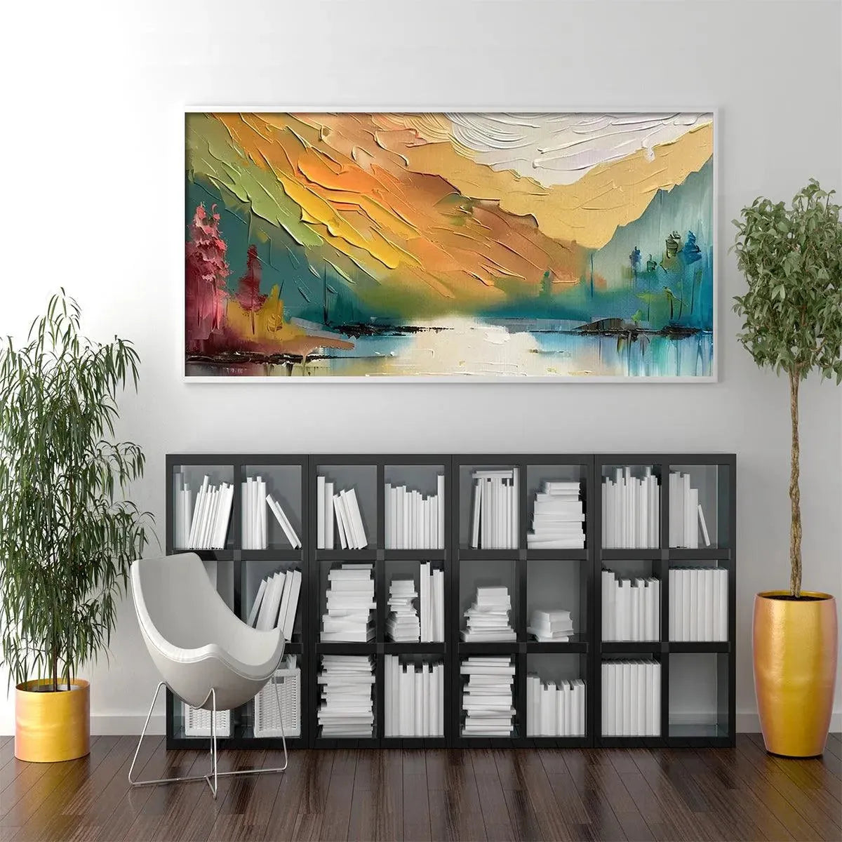 Autumn Valley hand-painted ocean blue, ivory and soft neutral tones textured coastal landscape painting shown as stretched canvas