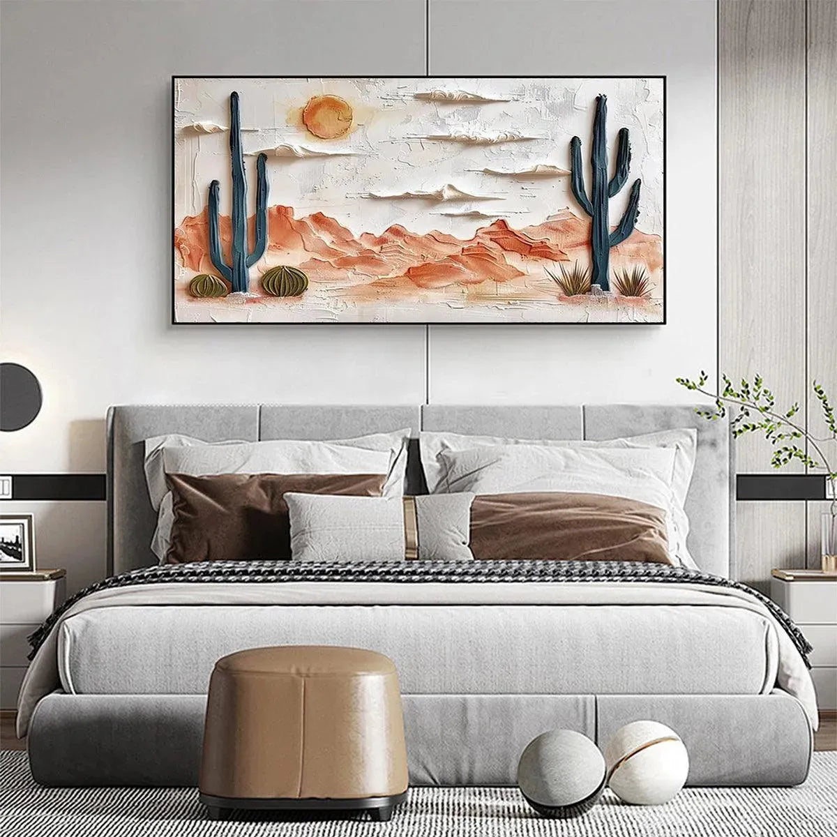 Desert Sunrise hand-painted terracotta, warm ochre and sand textured desert mountain landscape painting shown with silver frame