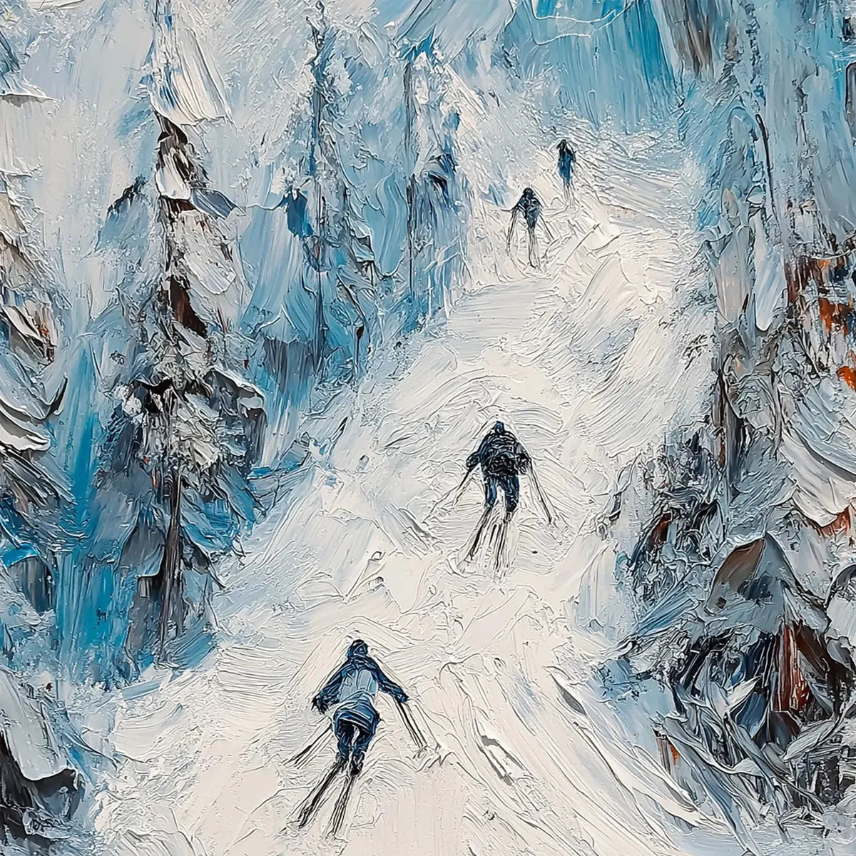 First Run hand-painted orange and ivory textured skiing mountain painting shown with gold frame