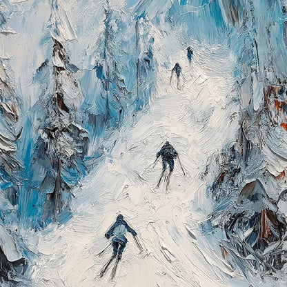 First Run hand-painted orange and ivory textured skiing mountain painting shown with gold frame