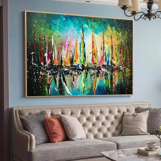 Vivid Regatta hand-painted ocean blue, ivory and soft neutral tones textured sailboat seascape painting shown as stretched canvas