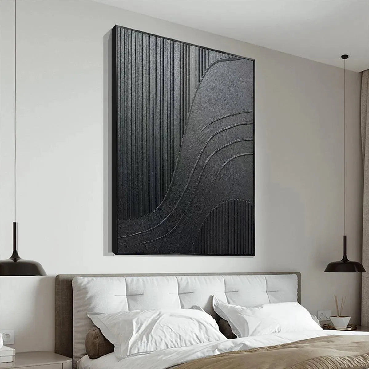 Black Textured Curves – Wabi-Sabi Abstract Oil Painting, view 3