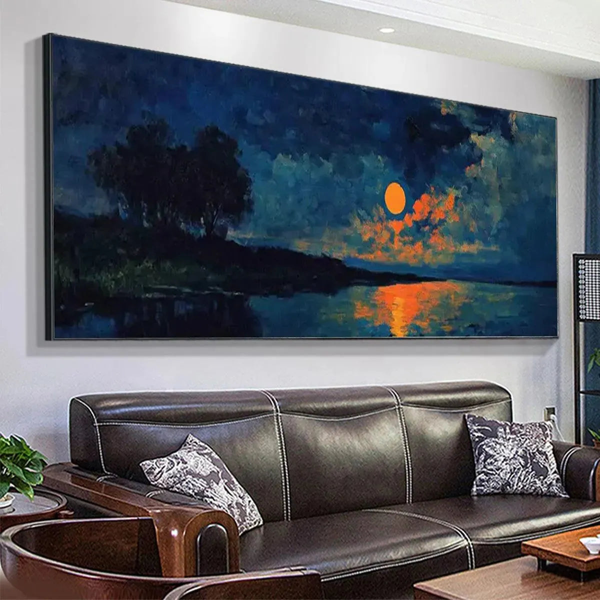 Harvest Moon Over The Lake hand-painted ocean blue and ivory textured sunset seascape painting shown with black frame