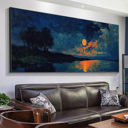 Harvest Moon Over The Lake hand-painted ocean blue and ivory textured sunset seascape painting shown with black frame