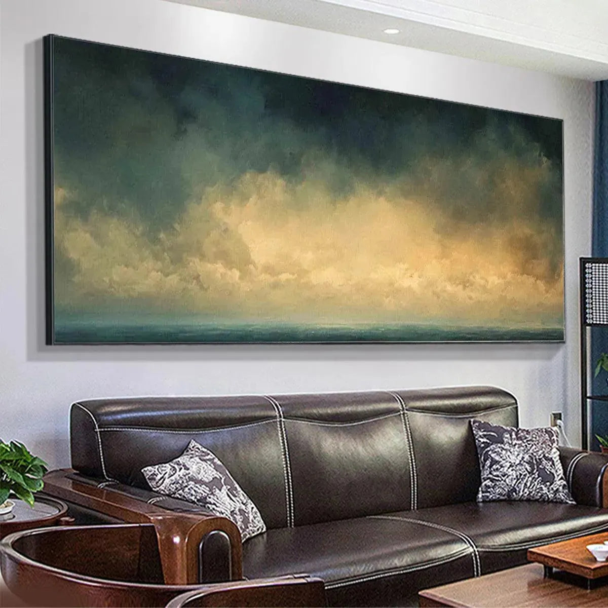 Golden Clouds hand-painted gold and ivory textured seascape painting shown with white frame
