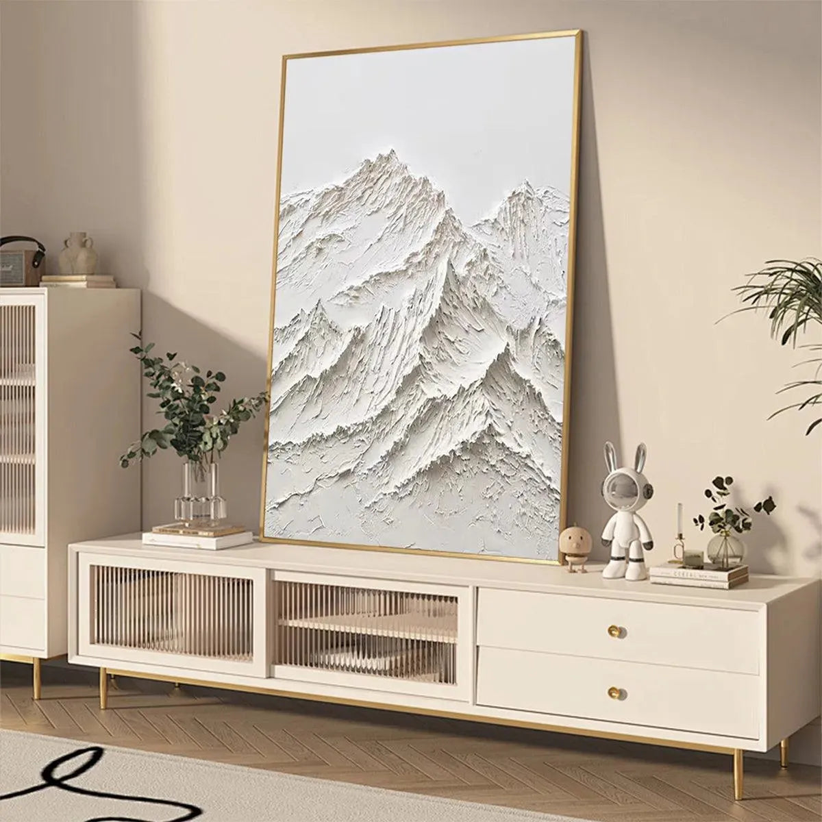 White Mountain hand-painted white and soft beige textured mountain landscape painting shown with black frame