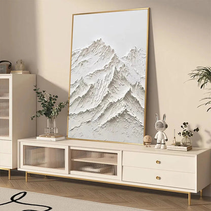 White Mountain hand-painted white and soft beige textured mountain landscape painting shown with black frame