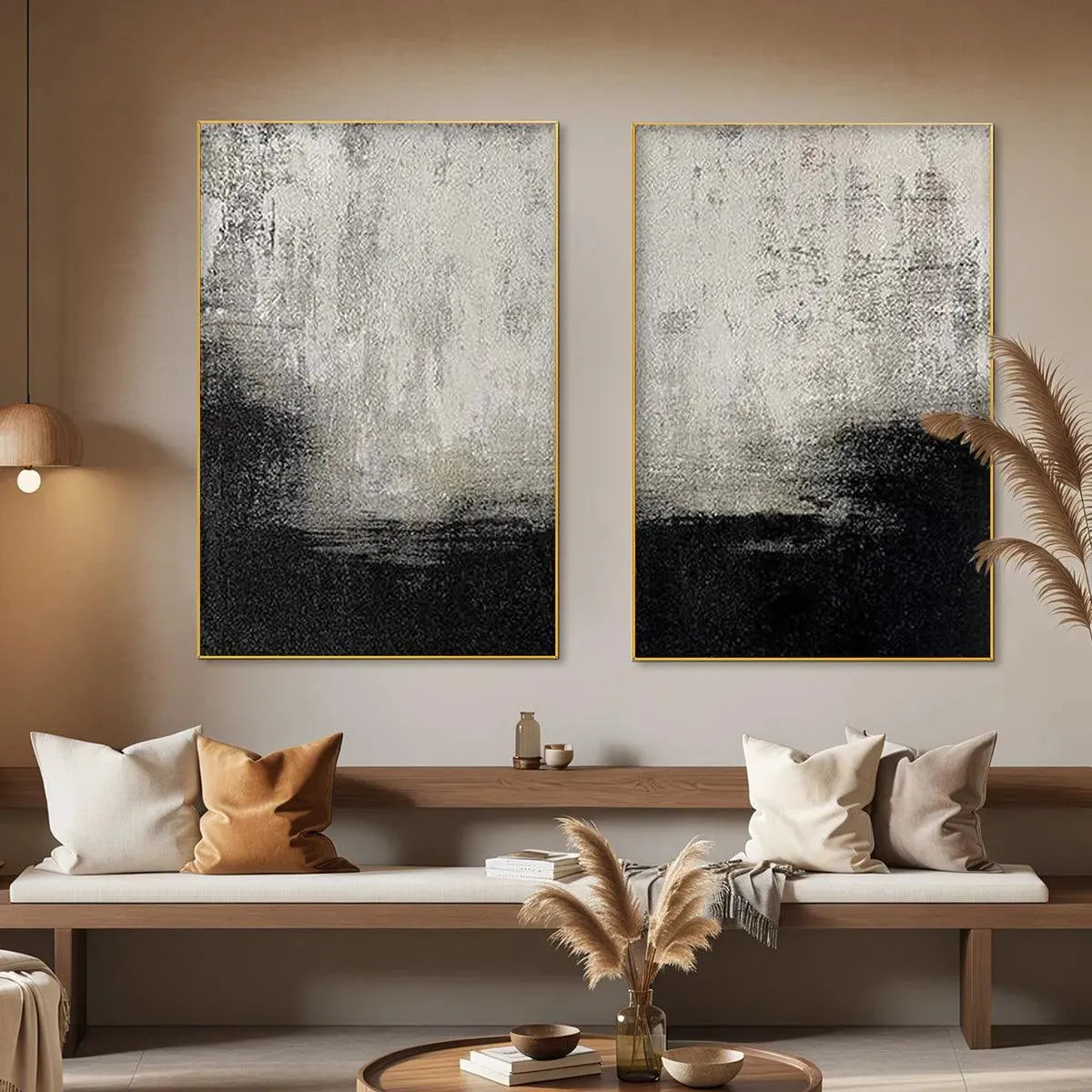 Black & White Abstract Diptych – Wabi-Sabi Abstract Oil Painting, view 2