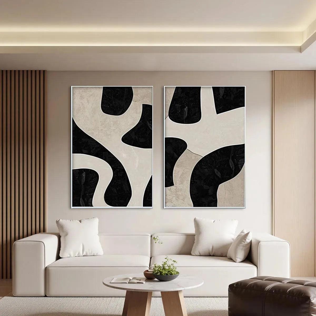 Black & Beige Abstract Diptych – Wabi-Sabi Abstract Oil Painting, view 2
