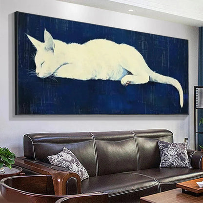 White Cat Oil Painting – Sleeping White Cat Panoramic