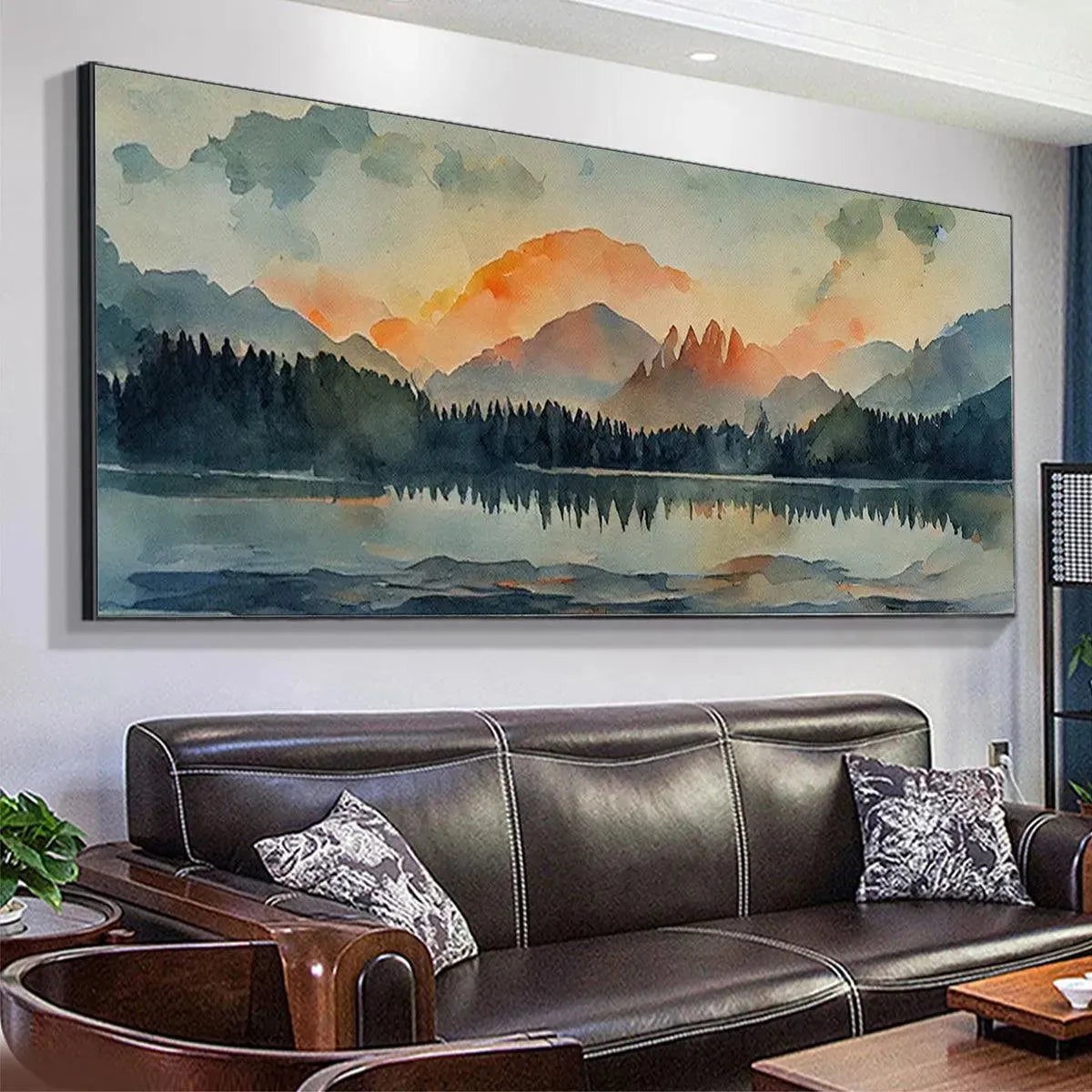 Sunset Serenity hand-painted gold, burnt orange and slate blue textured mountain lake painting shown with white frame