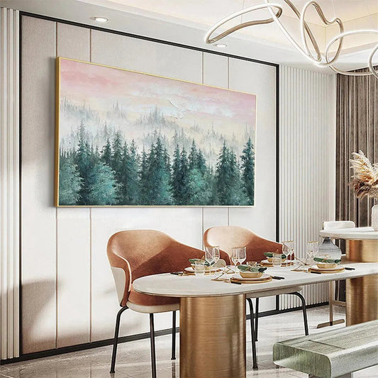 Misty Pines hand-painted green and pink textured forest landscape painting shown as stretched canvas