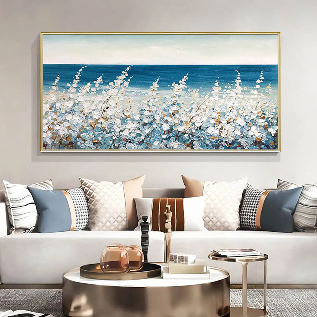 Ocean Breeze hand-painted white and ocean blue textured coastal landscape painting shown as stretched canvas