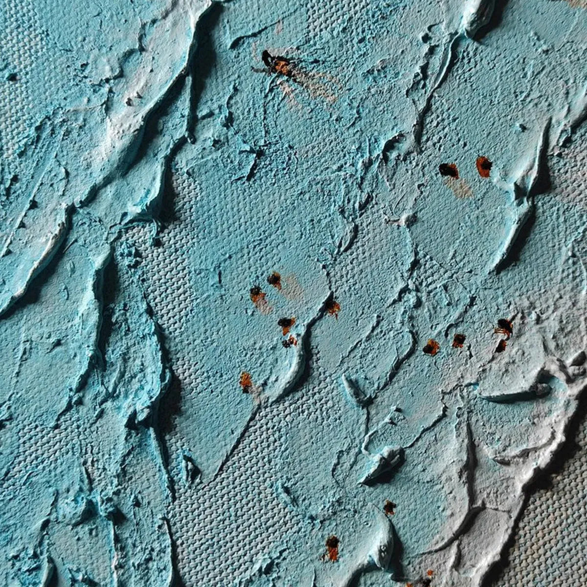 Aerial Vista hand-painted turquoise and ivory textured beach scene painting shown with black frame