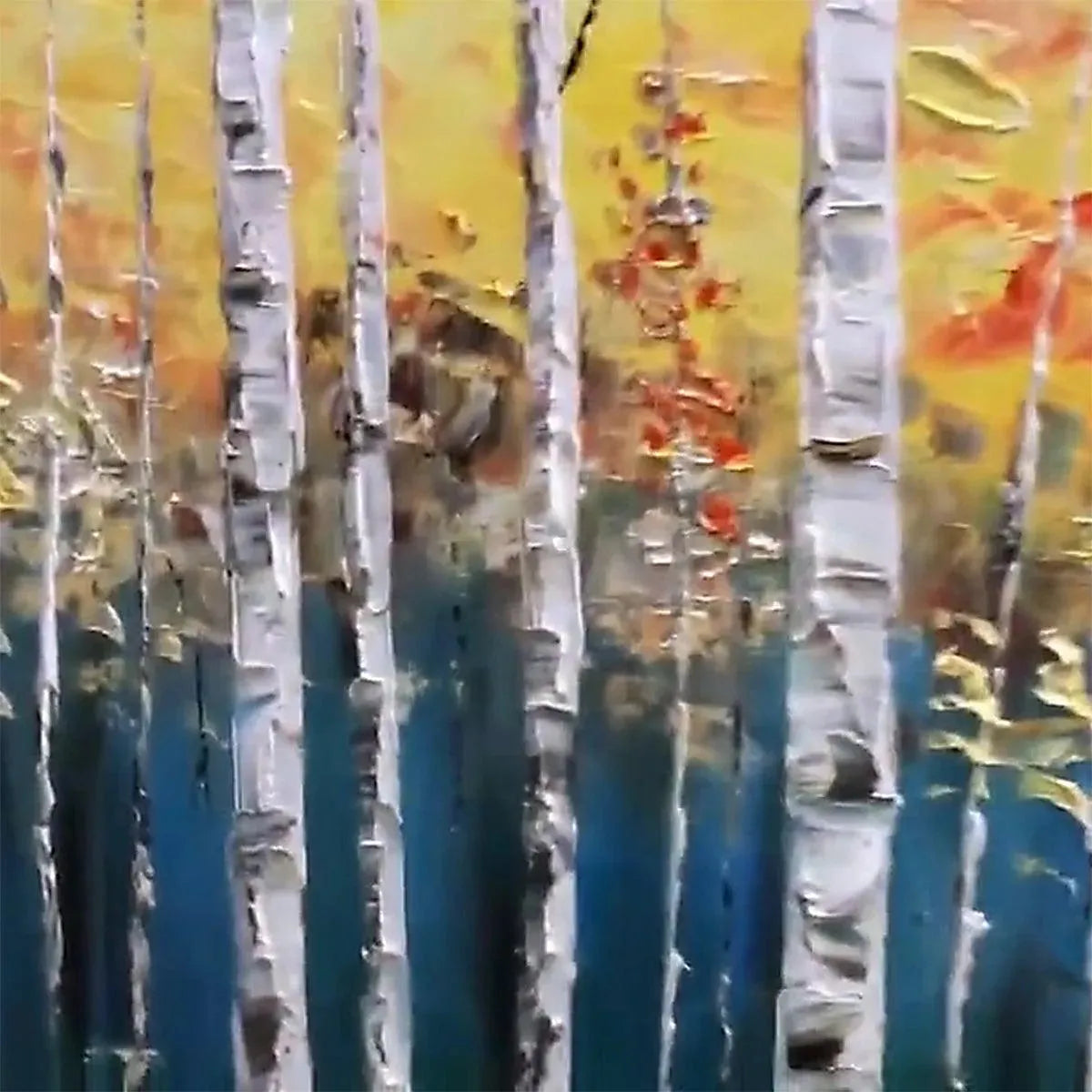 Golden Birch Grove hand-painted white, gold and yellow textured forest landscape painting shown with silver frame