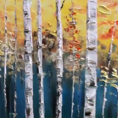 Golden Birch Grove hand-painted white, gold and yellow textured forest landscape painting shown with silver frame