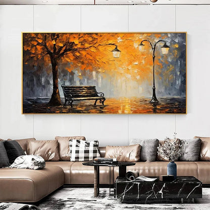 Autumn Park Bench hand-painted soft grey, gold and orange textured park landscape painting rolled canvas option