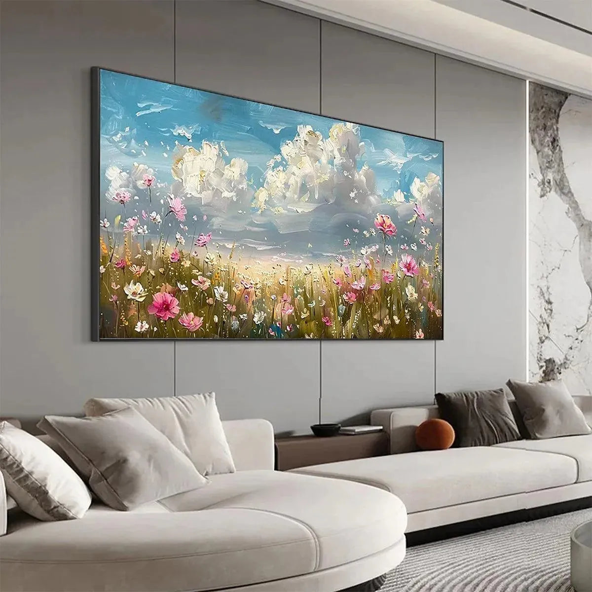 Green Wildflower Impasto Painting – Cosmos Field