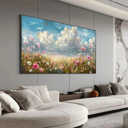 Green Wildflower Impasto Painting – Cosmos Field