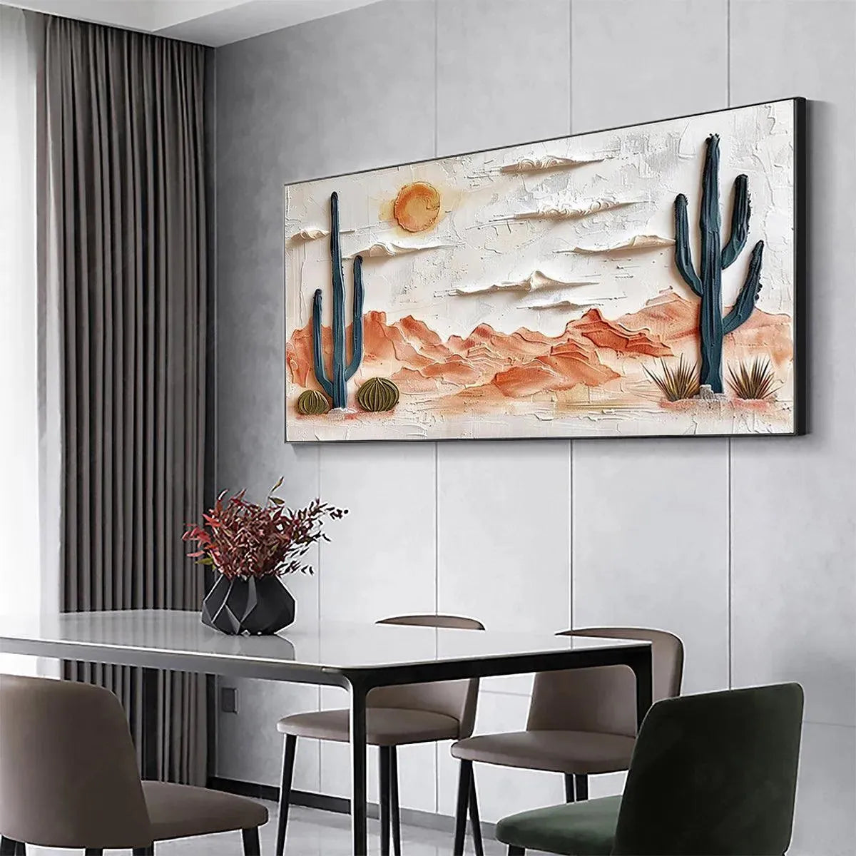 Desert Sunrise hand-painted terracotta, warm ochre and sand textured desert mountain landscape painting shown with white frame