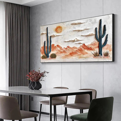 Desert Sunrise hand-painted terracotta, warm ochre and sand textured desert mountain landscape painting shown with white frame