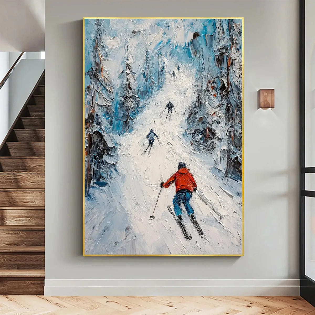 First Run hand-painted orange and ivory textured skiing mountain painting shown as stretched canvas