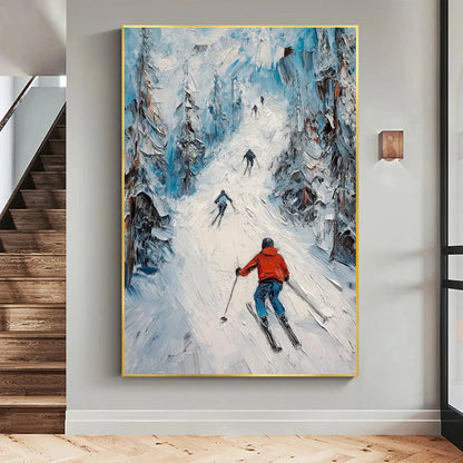 First Run hand-painted orange and ivory textured skiing mountain painting shown as stretched canvas