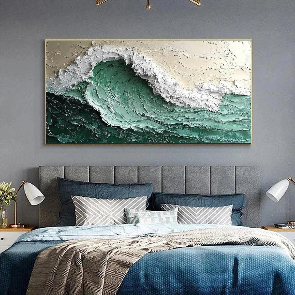 Emerald Crest hand-painted beige and emerald green textured ocean wave painting shown as stretched canvas