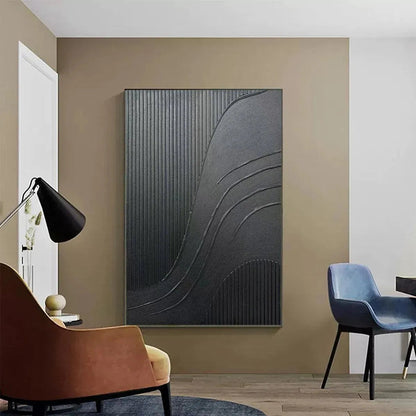 Black Wabi-Sabi Abstract Textured Oil Painting – Black Textured Curves