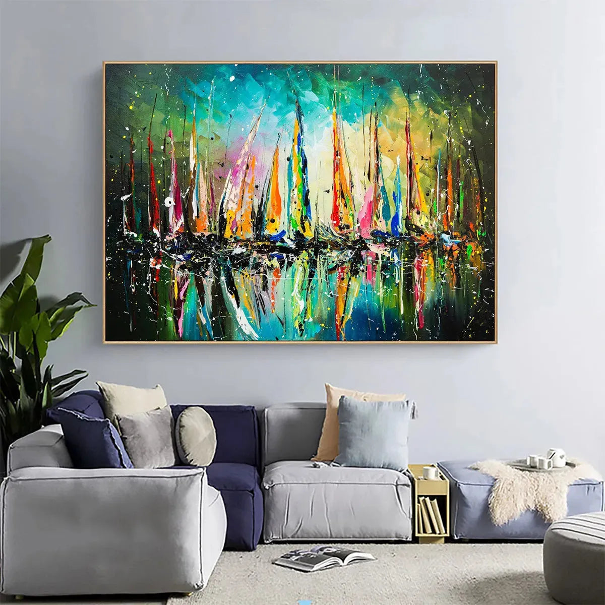 Vivid Regatta hand-painted ocean blue, ivory and soft neutral tones textured sailboat seascape painting shown with white frame