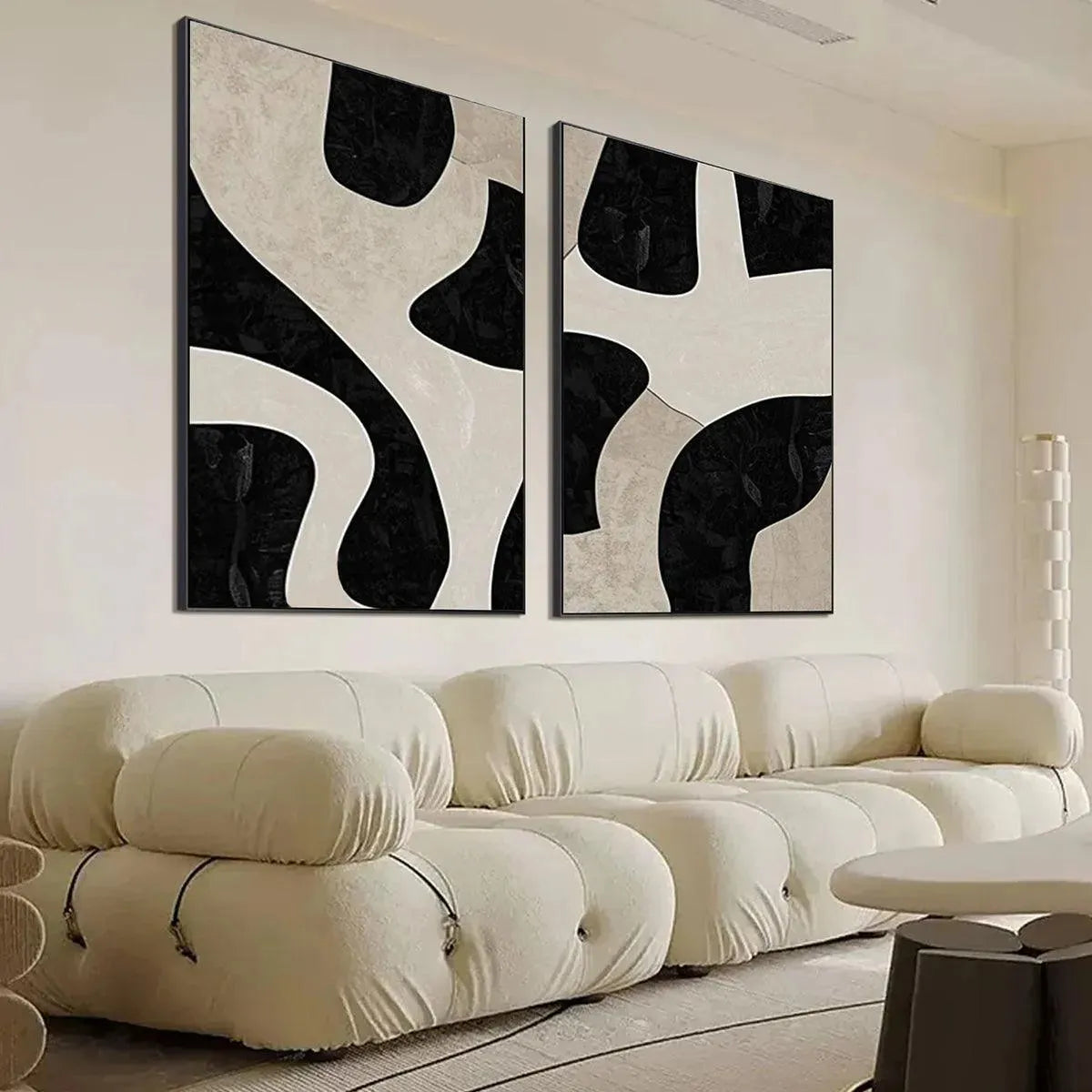 Black and Beige Wabi-Sabi Abstract Oil Painting – Black & Beige Abstract Diptych