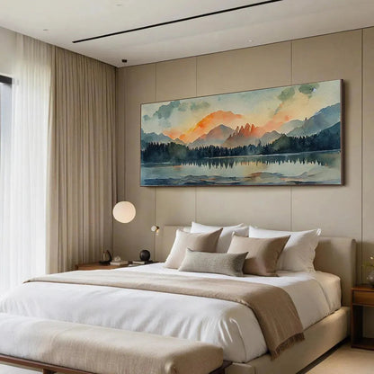 Sunset Serenity hand-painted gold, burnt orange and slate blue textured mountain lake painting shown with gold frame