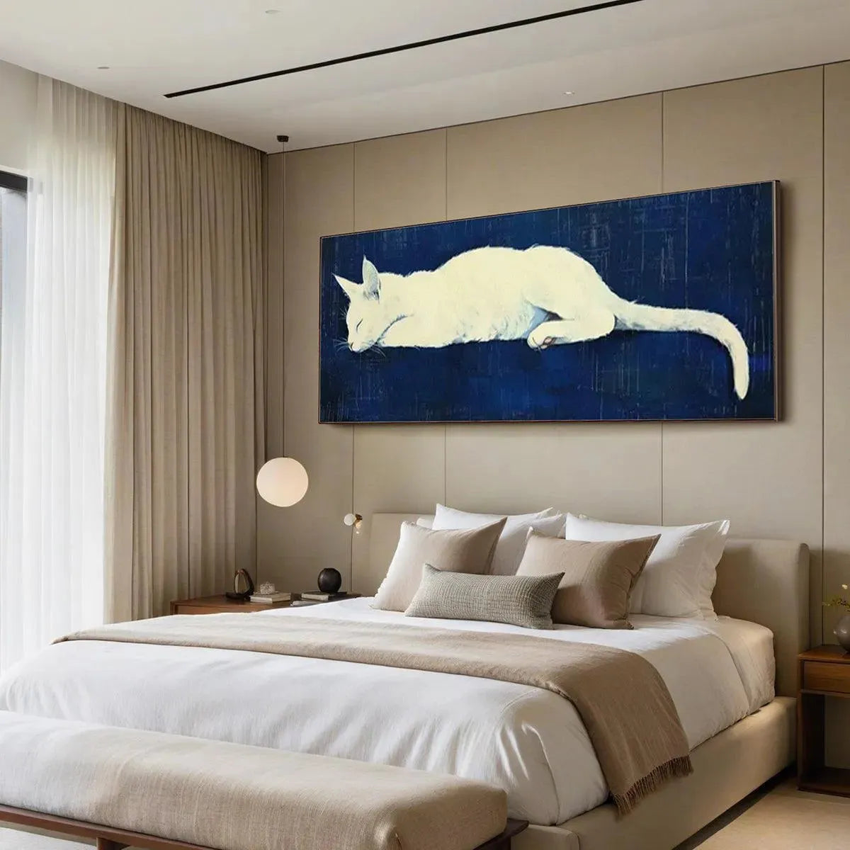White Cat Oil Painting – Sleeping White Cat Panoramic