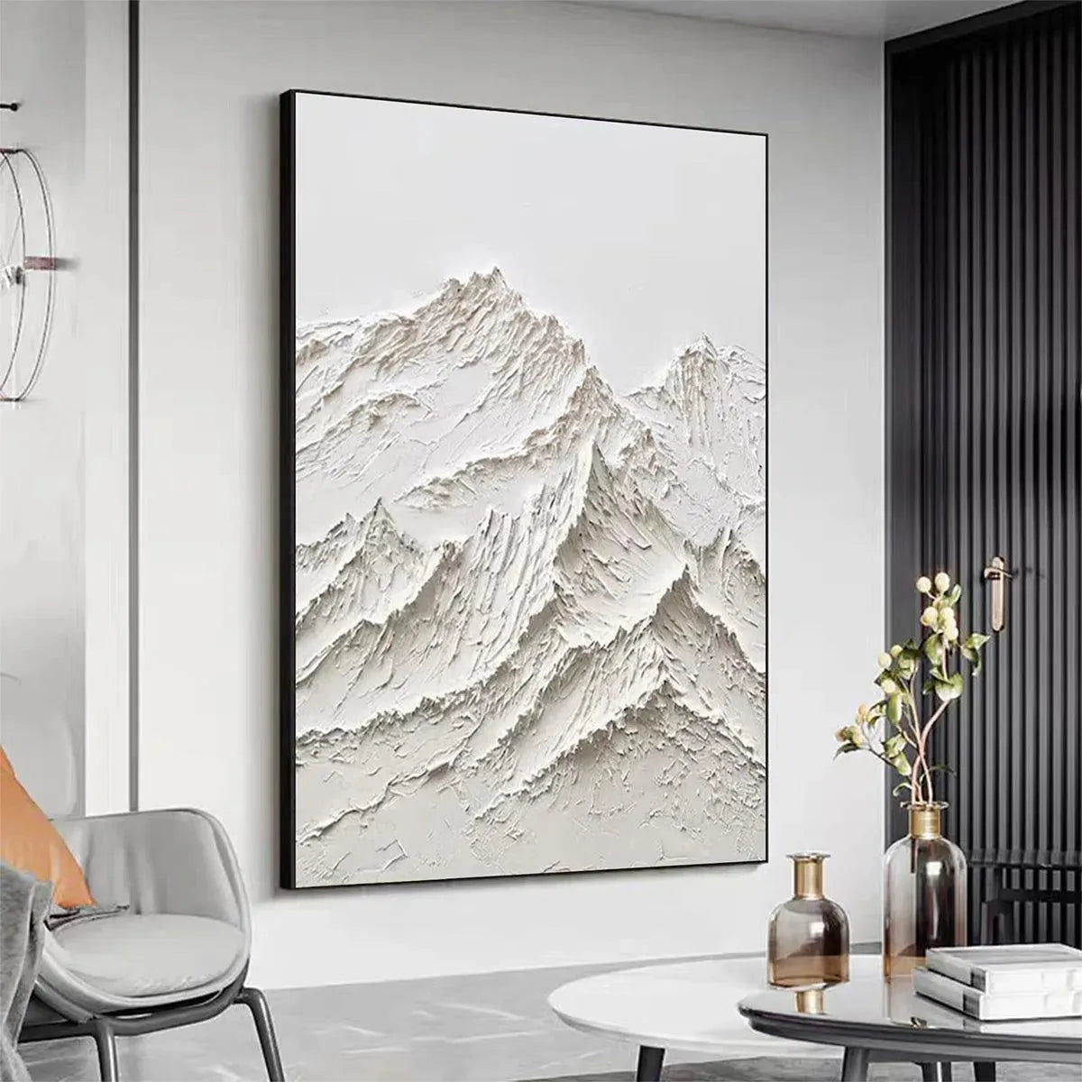 White Mountain hand-painted white and soft beige textured mountain landscape painting shown with gold frame