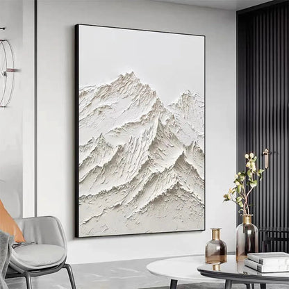 White Mountain hand-painted white and soft beige textured mountain landscape painting shown with gold frame