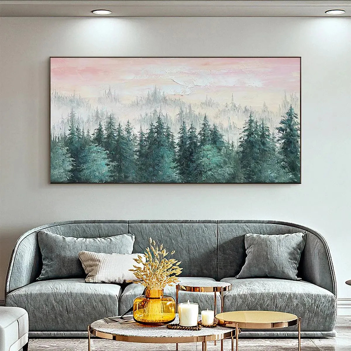 Misty Pines hand-painted green and pink textured forest landscape painting shown with white frame